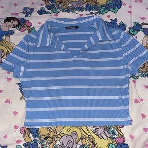 Blue and White Striped  Collard V-neck Rib-Knit Cropped Top